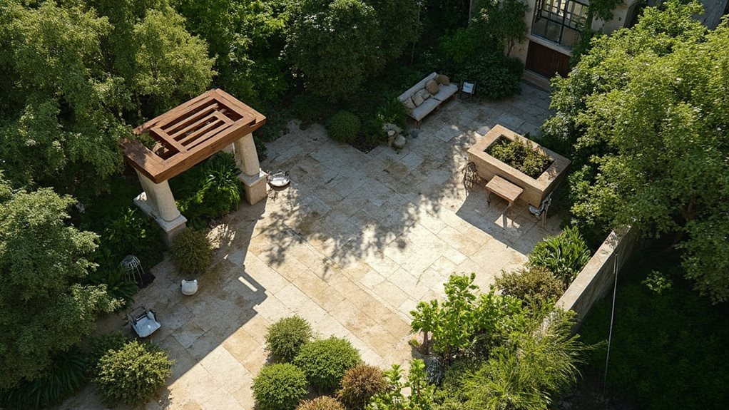 Aerial view of a courtyard patio with cedar pergola and raised planters designed by Triple Landscaping